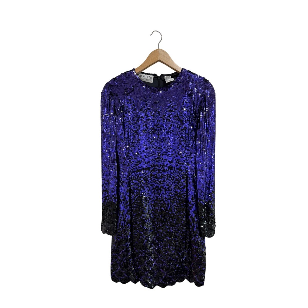 Vintage Oleg Cassini Black Tie Purple Ombre Sequin Silk Mini Dress Size 8 80s